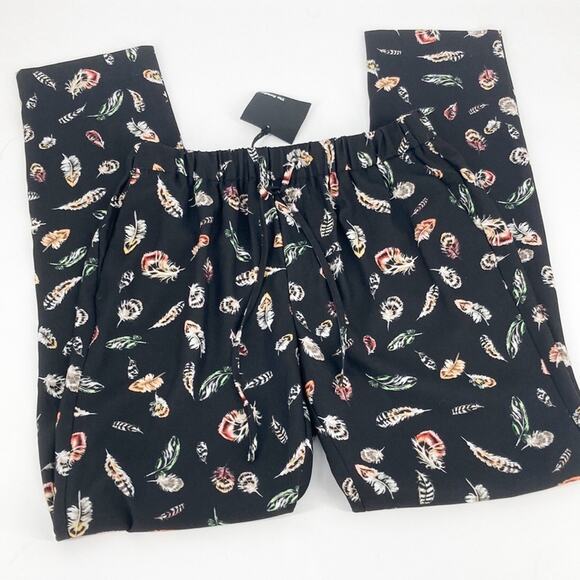 The Kooples Women's Black Feather Print Woven Crepe Pull On Pants Size XS New - Picture 1 of 11